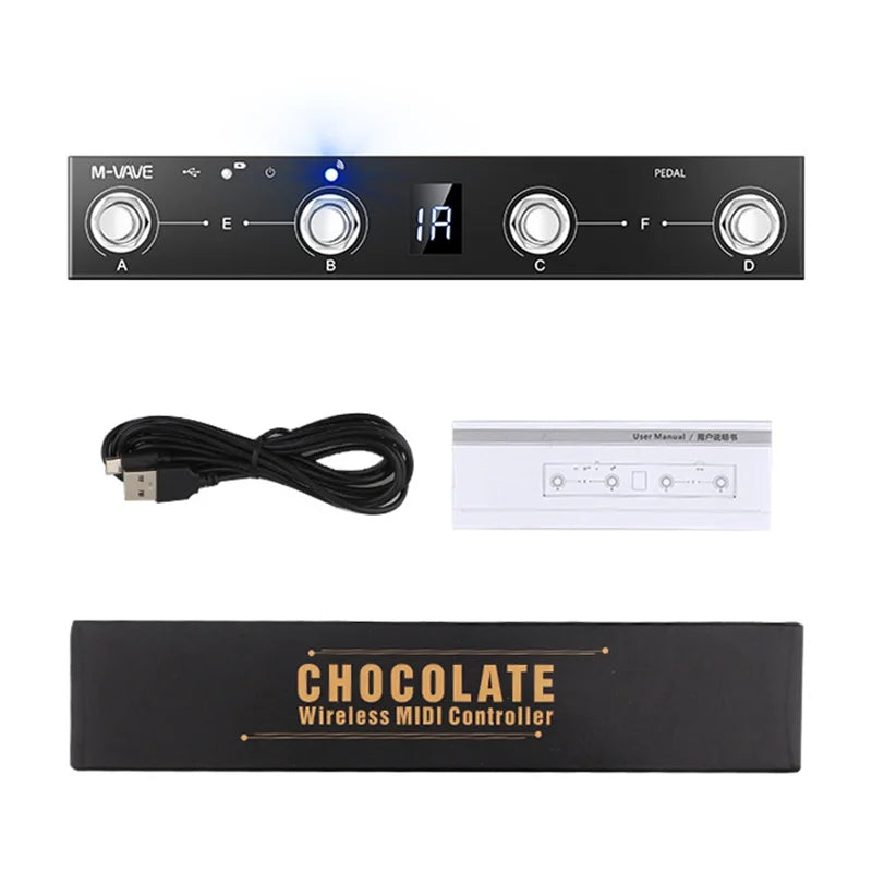 Black m-wave chocolate programmable wireless midi controller with silver knobs and digital display for expression pedal zoom use
