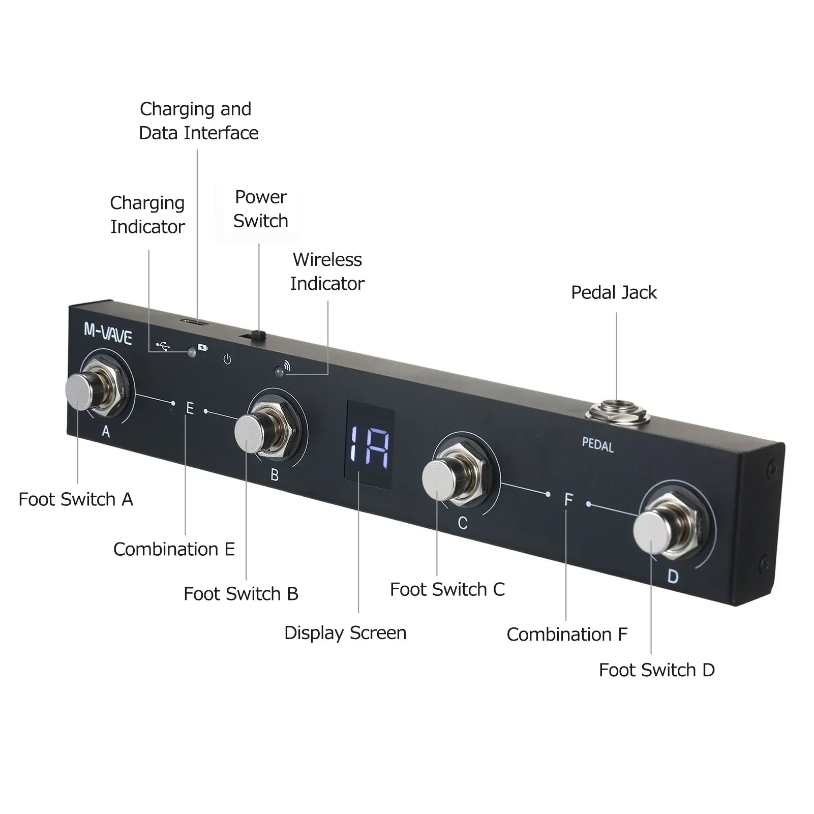 Black m-vave chocolate rechargeable midi controller pedal with four silver switches digital display and labeled ports