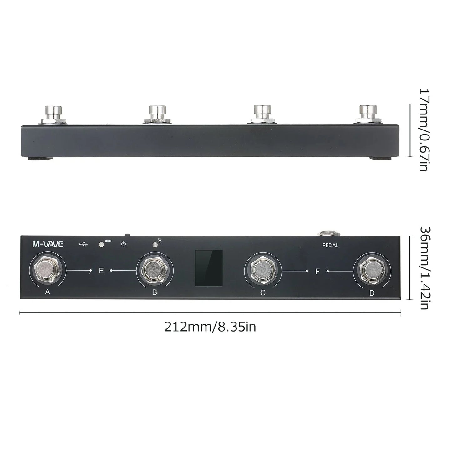 Black m-vave chocolate rechargeable midi controller pedal with four silver knobs and digital display for app control