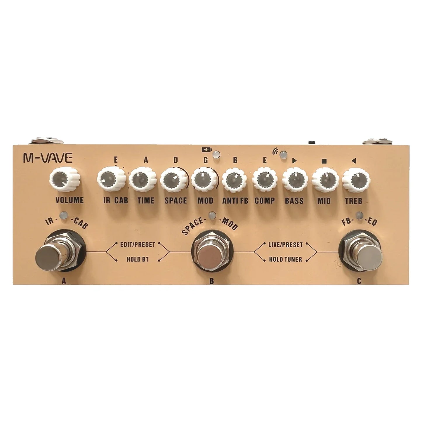 Beige m-vave cube baby combined effect pedal with white knobs and silver footswitches for wireless music playback and phone recording audio