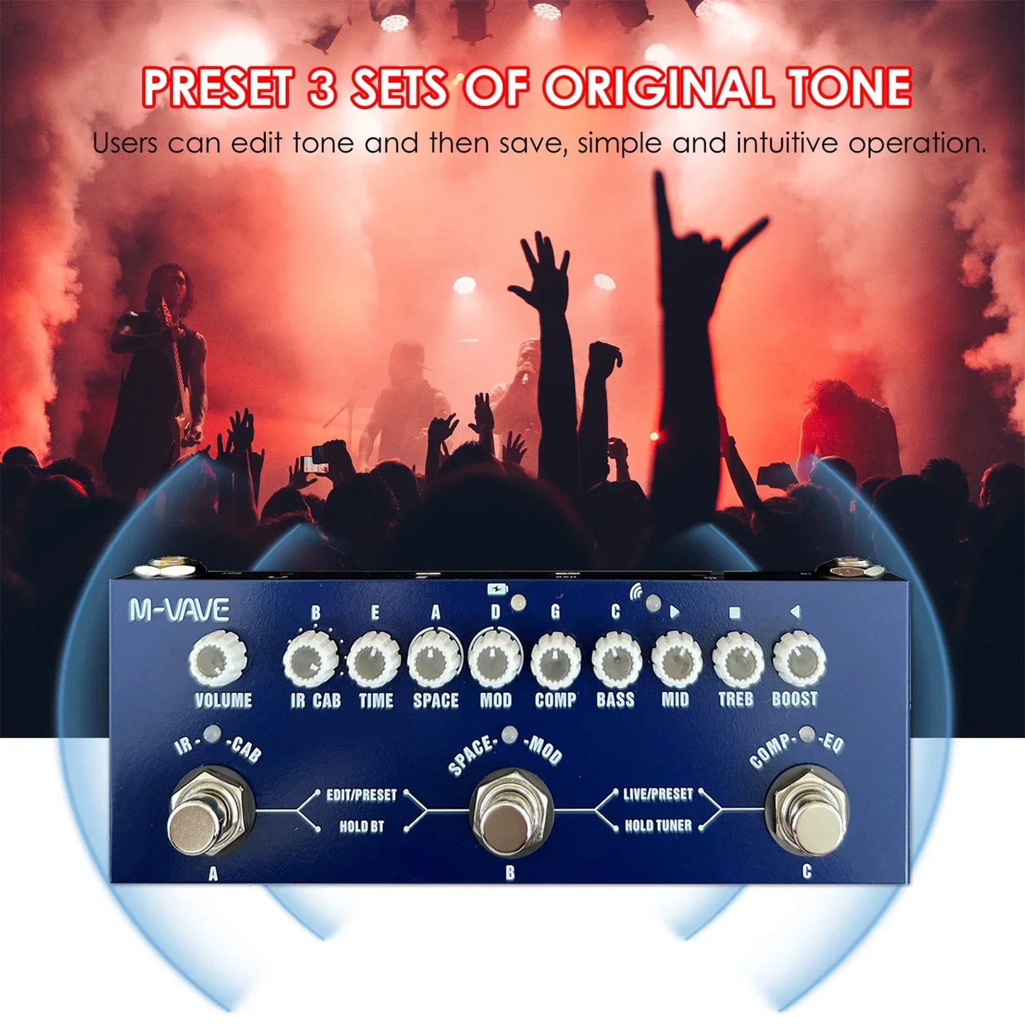 Blue m-vave combined effect pedal with silver knobs and footswitches featuring wireless music playback and phone recording audio