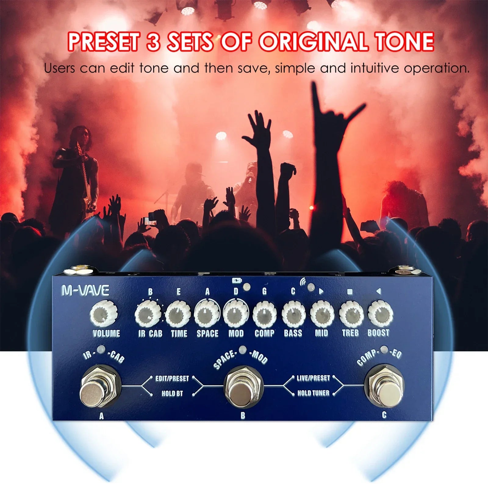 Blue m-vave combined effect pedal with silver knobs and footswitches featuring wireless music playback and phone recording audio