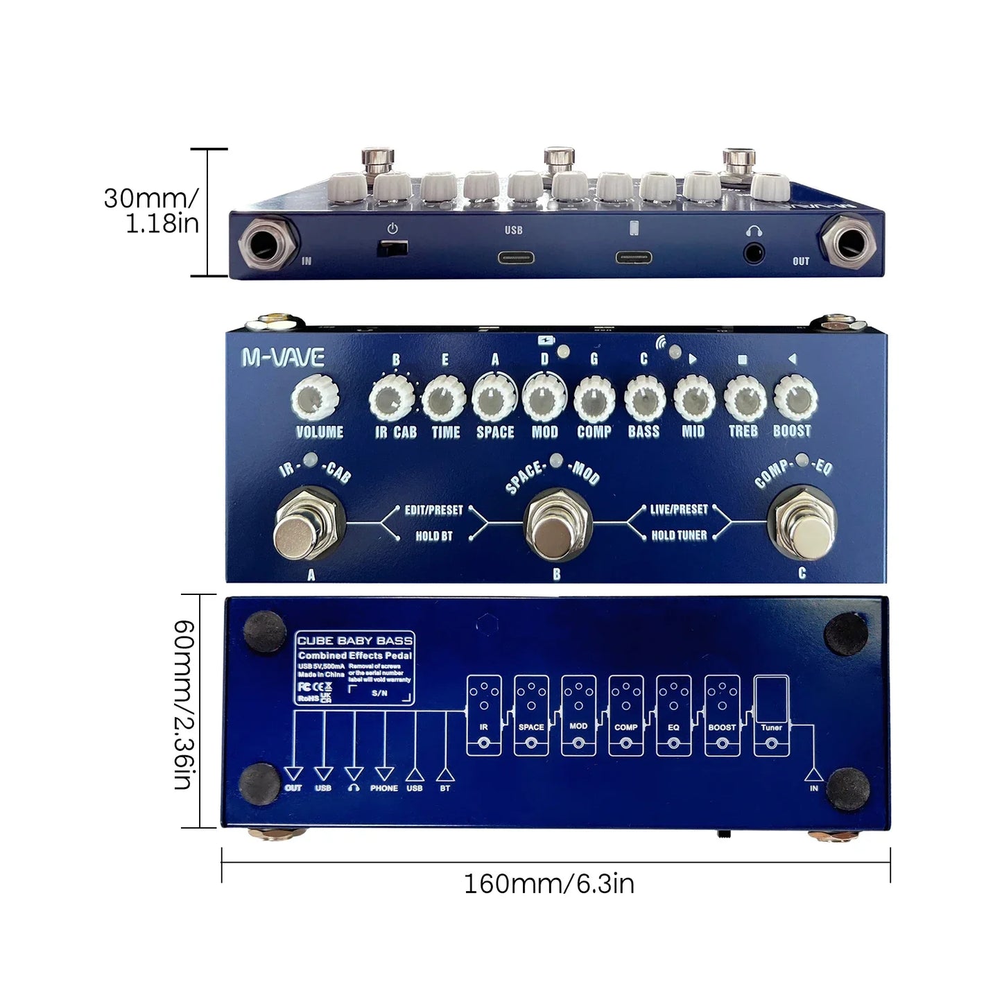 Blue m-vave cube baby combined effects pedal with white knobs and silver footswitches for wireless music playback and phone recording audio