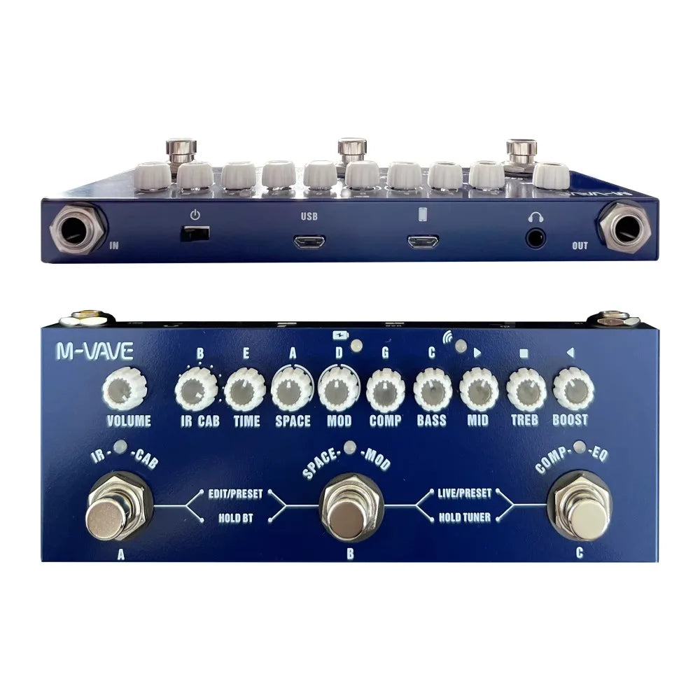 Blue m-vave cube baby rechargeable multi effects pedal for electric bass guitar with white knobs and silver footswitches