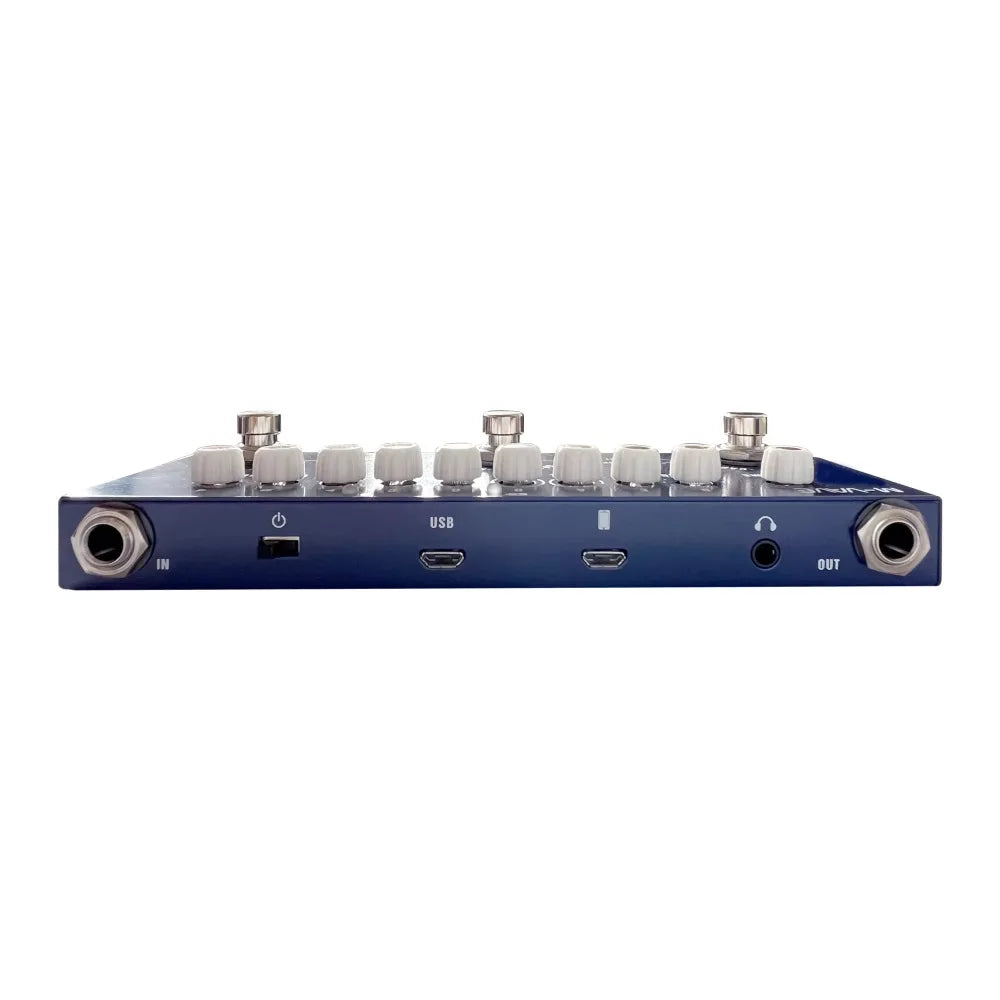 Blue rectangular rechargeable multi effects pedal for electric bass guitar with white knobs usb ports and metal inputs