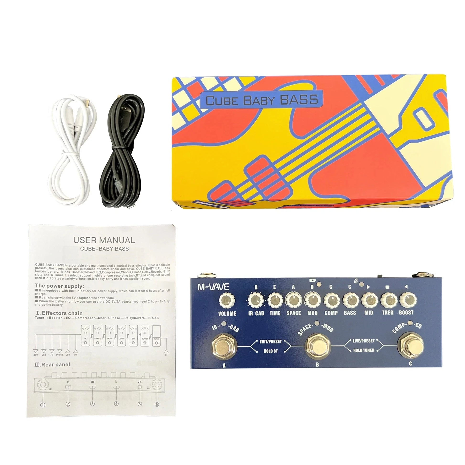 Blue M-VAVE cube baby rechargeable multi effects bass pedal with gold knobs for electric bass guitar recording