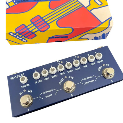 Blue m-vave cube baby rechargeable multi effects bass pedal with white knobs and gold footswitches for recording use