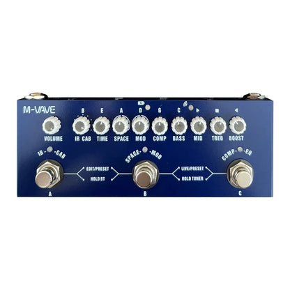 Blue m-vave rechargeable multi effects pedal for electric bass with white knobs and silver footswitches for recording