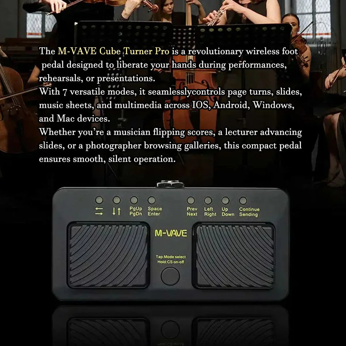 Black m-vave cube turner pro wireless bluetooth page turner pedal with textured rubber pads and illuminated yellow labels