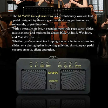 Black m-vave cube turner pro wireless bluetooth page turner pedal with textured rubber pads and illuminated yellow labels