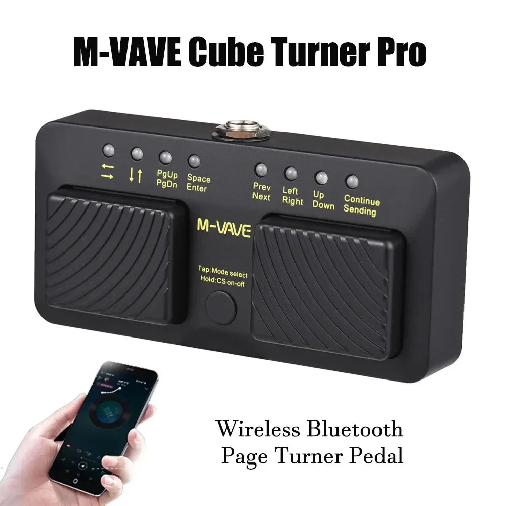 Black m-vave cube turner pro wireless bluetooth page turner pedal with two textured foot pedals and illuminated yellow labels