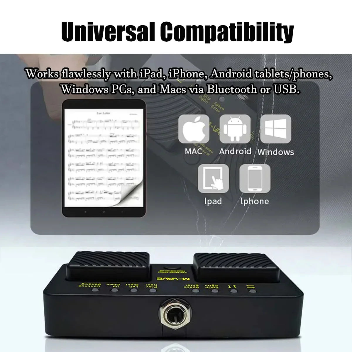 Black m-audio cube turner pro foot pedal with textured rubber pads and yellow bluetooth page turner usb labels
