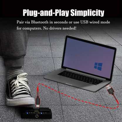 Black compact cube turner pro bluetooth page turner pedal with usb ports and indicator lights for musicians
