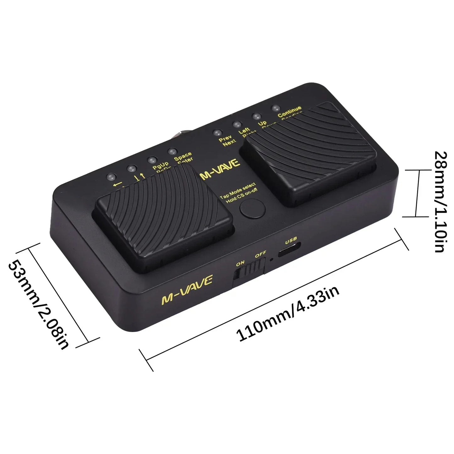 Black m-vave cube turner pro bluetooth page turner pedalboard with two textured foot pedals and yellow controls labeling