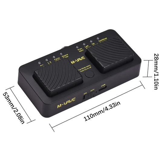 Black m-vave cube turner pro bluetooth page turner pedalboard with two textured foot pedals and yellow controls labeling