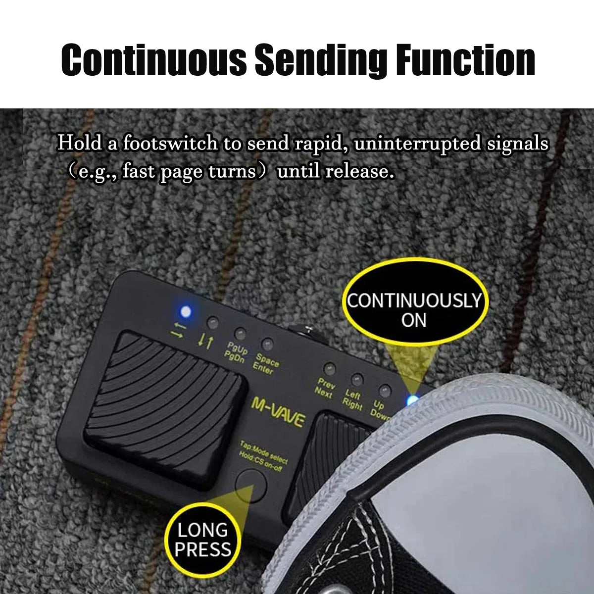 Black m-wave cube turner pro bluetooth page turner pedal with textured surface and illuminated blue leds for musicians