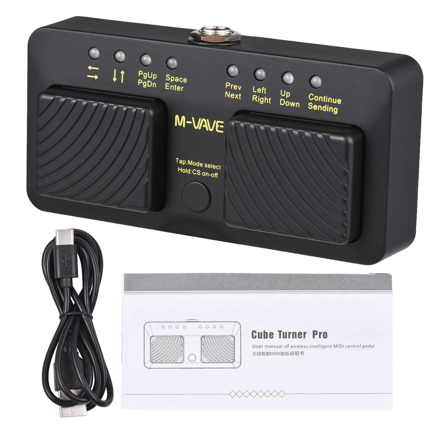 Black m-vave cube turner pro wireless intelligent midi controller pedal with textured foot pedals and illuminated labels