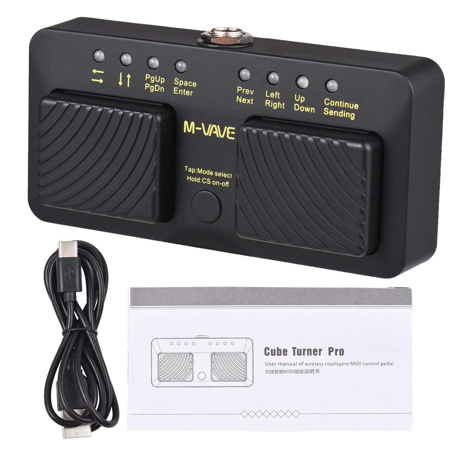 Black m-vave cube turner pro wireless intelligent midi controller pedal with textured foot pedals and illuminated labels