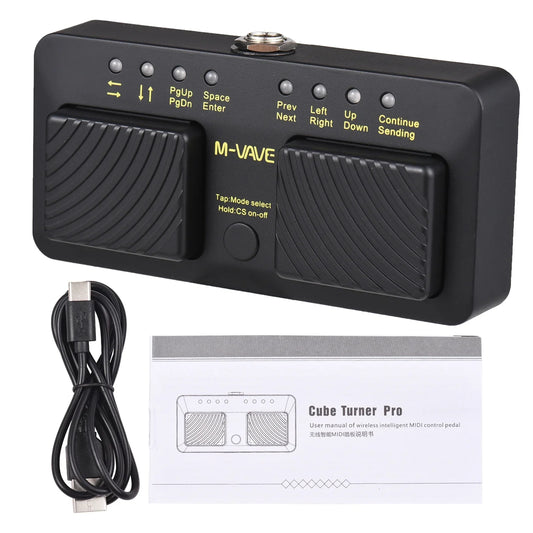 Black m-vave cube turner pro wireless intelligent midi controller pedal with textured foot pedals and illuminated labels