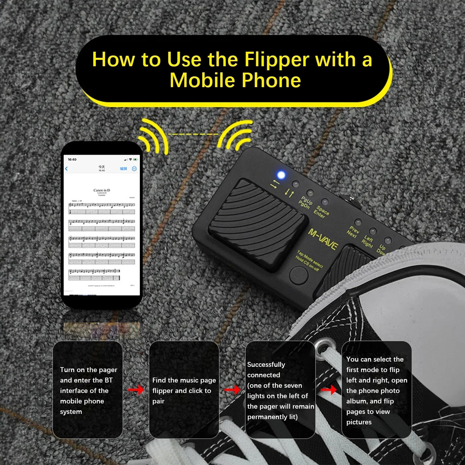 Black m-wave flipper wireless intelligent midi controller with textured surface and illuminated buttons for music playback