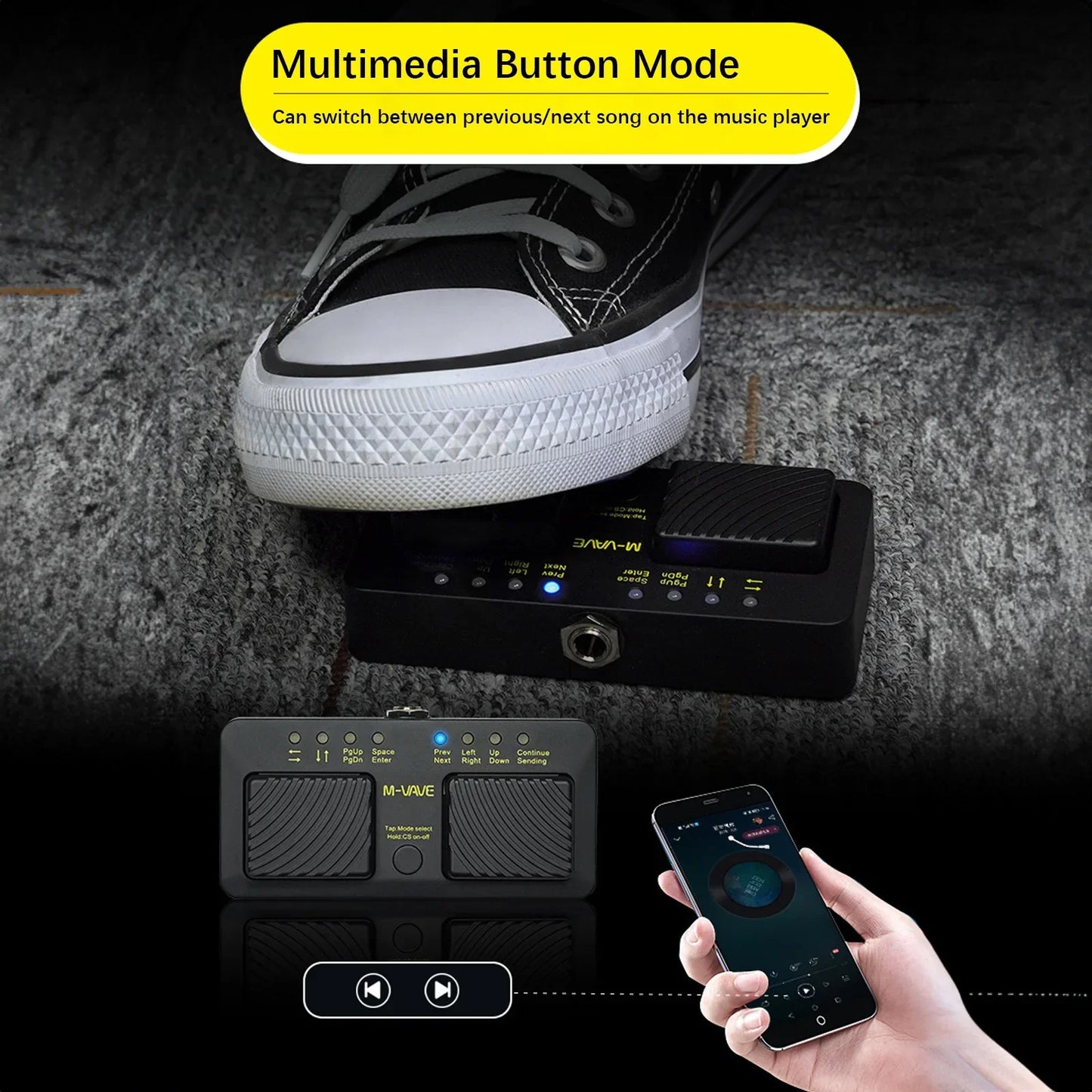 Black m-wave cube turner pro wireless intelligent midi controller pedal with textured footplate and illuminated buttons