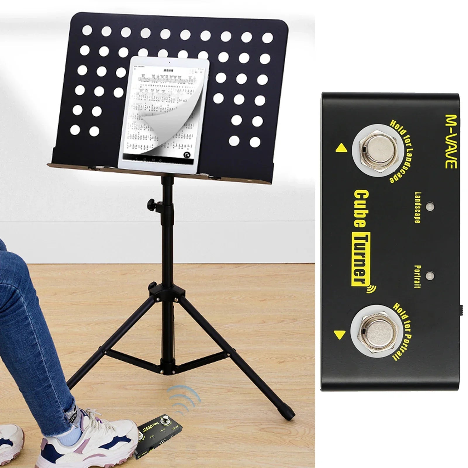 Black metal music stand with circular cutouts holding a tablet displaying sheet music with cube turner wireless pedal rechargeable