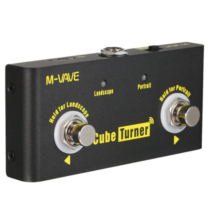 Black m-vave cube turner wireless page turner pedal rechargeable with silver knobs and yellow orientation labeling