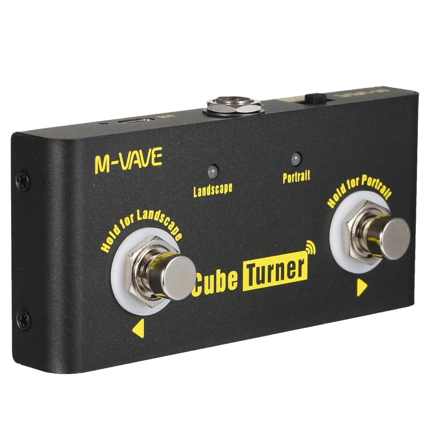Black m-vave cube turner wireless page turner pedal rechargeable with two silver knobs and yellow landscape and portrait labels