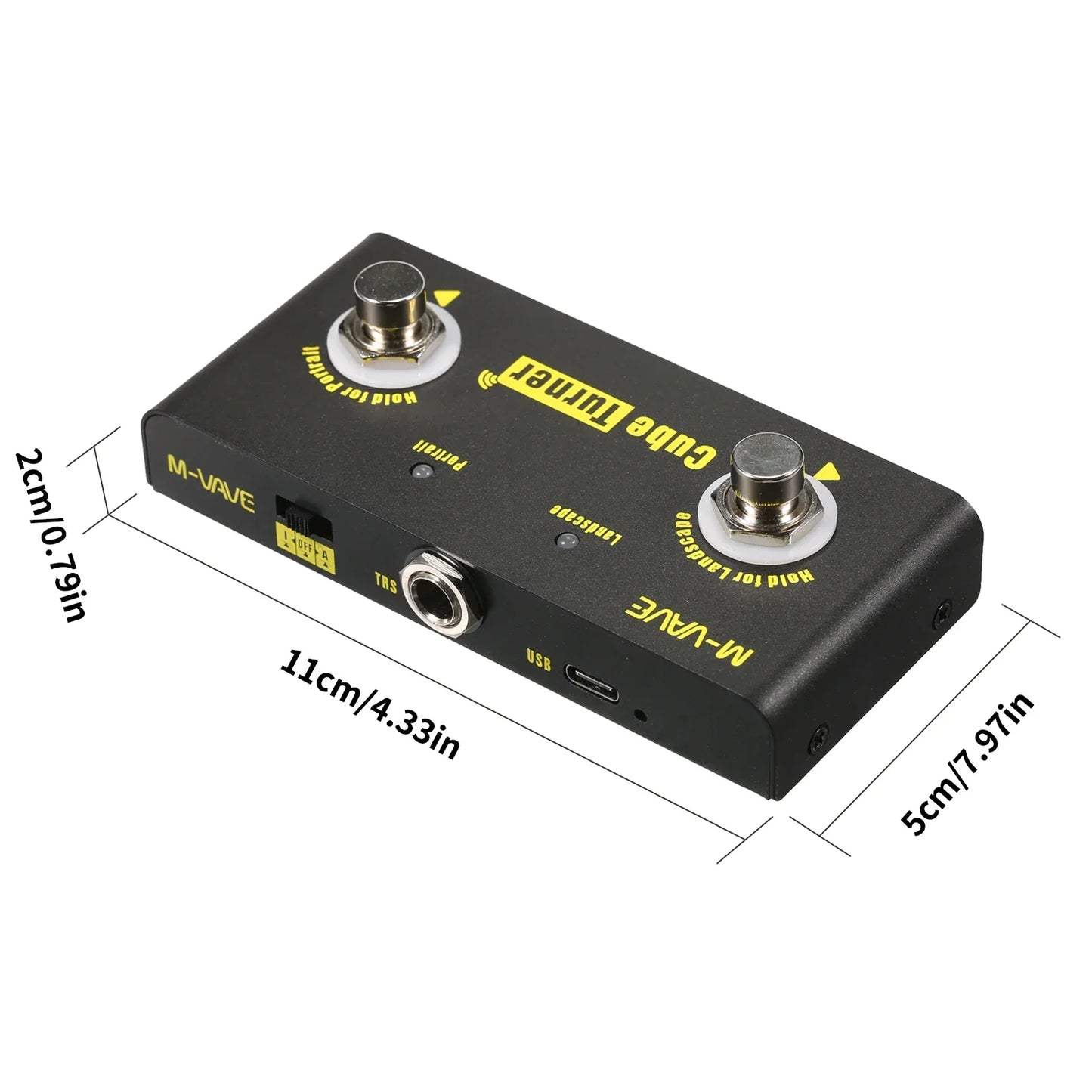 Black m-wave cube turner wireless page turner pedal with two silver footswitches and yellow labeling rechargeable