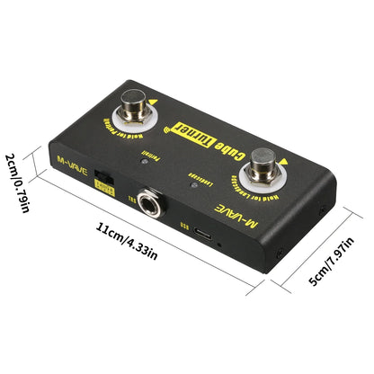 Black m-wave cube turner wireless page turner pedal with two silver footswitches and yellow labeling rechargeable