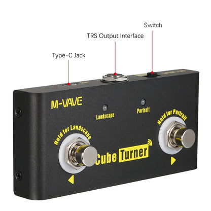 Black m-vave cube turner wireless page turner pedal rechargeable with yellow branding and silver knobs for orientation settings