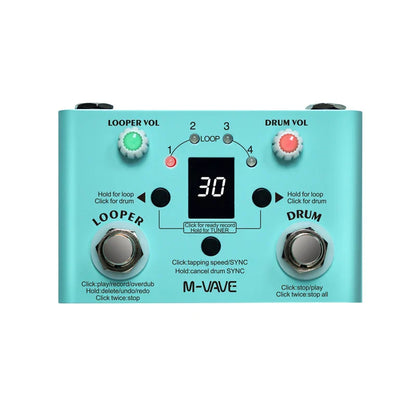 Turquoise m-wave looper pedal with green and red knobs silver footswitches digital display showing 30 for lost tempo drum machines with type c data