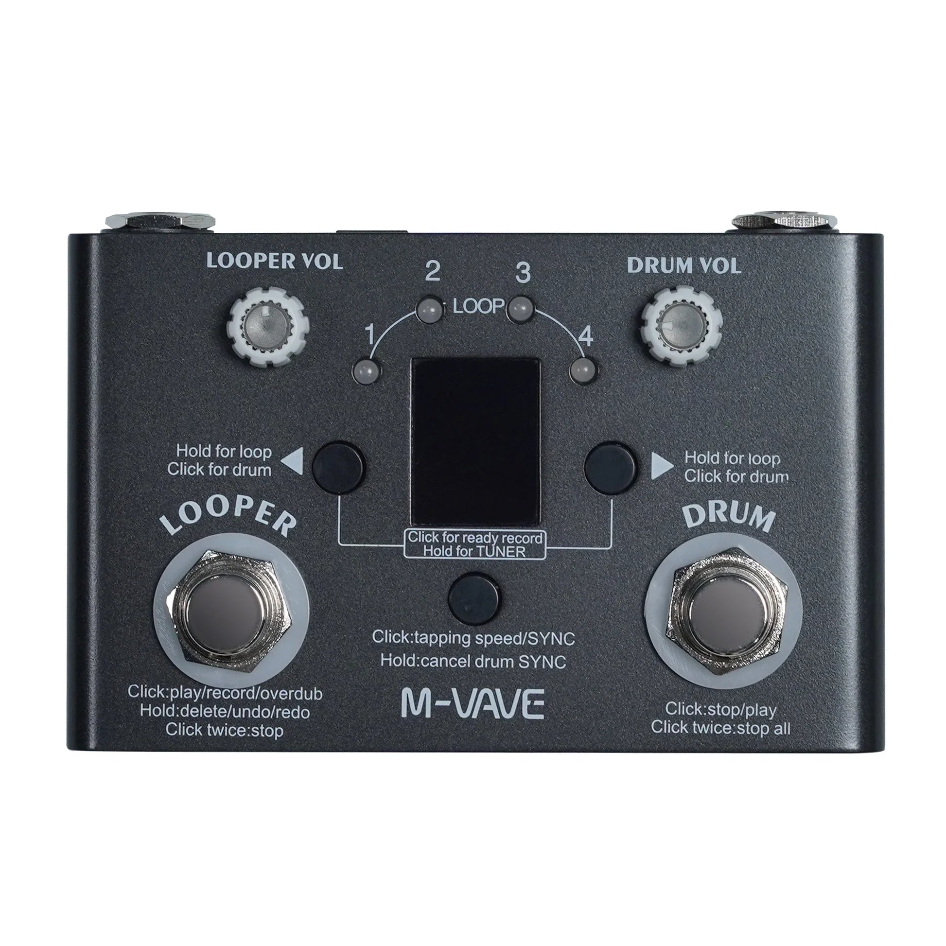 Black m-vave electric guitar multifunctional effect pedal with silver knobs and foot pedals for lost tempo drum machines