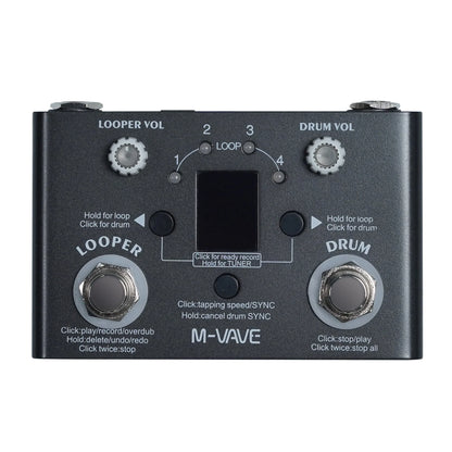 Black m-vave electric guitar multifunctional effect pedal with silver knobs featuring looper and lost tempo drum machines