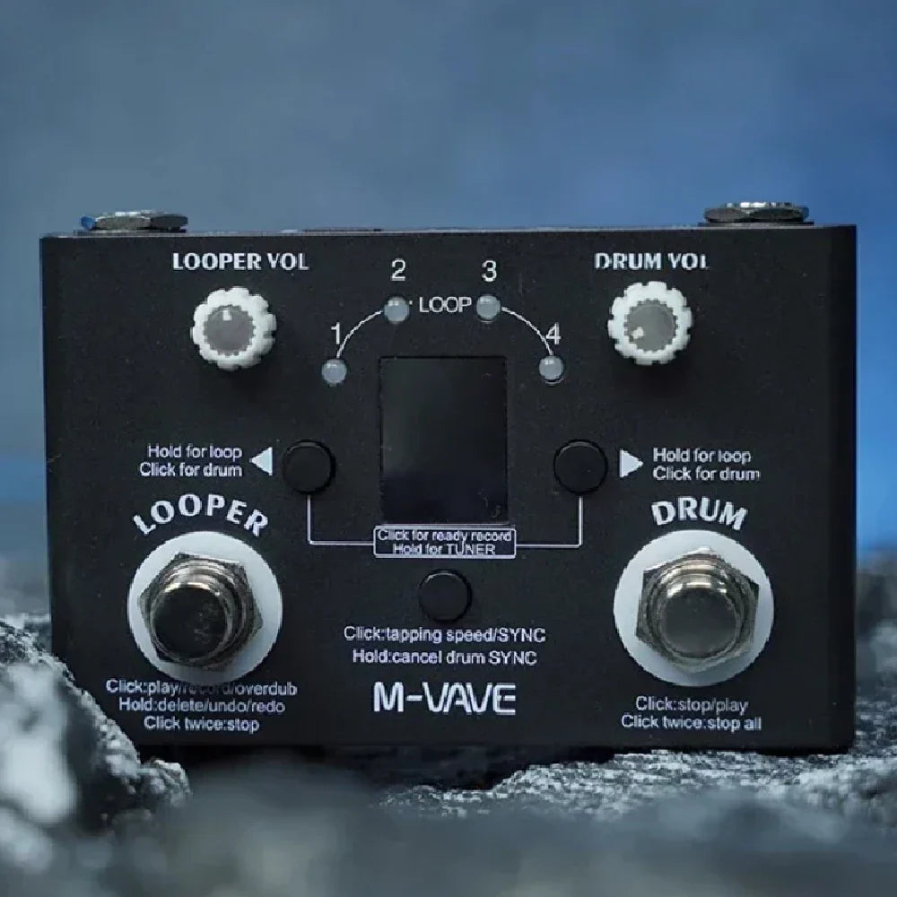 Black m-vave electric guitar multifunctional effect pedal with white knobs silver footswitches loop drum machines lost tempo type c data