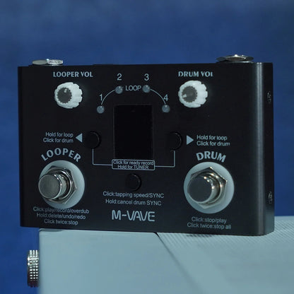 Black m-vave electric guitar multifunctional effect pedal with white knobs silver footswitches lost tempo drum machines type c data