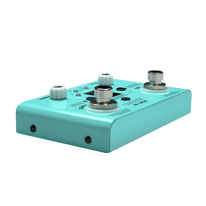 A sleek mint-green m-vave electric guitar multifunctional effect pedal with metallic knobs for lost tempo drum machines