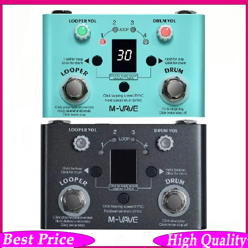 Turquoise and black m-vave electric guitar looper pedal with digital display 30 featuring lost tempo drum machines and type c data port