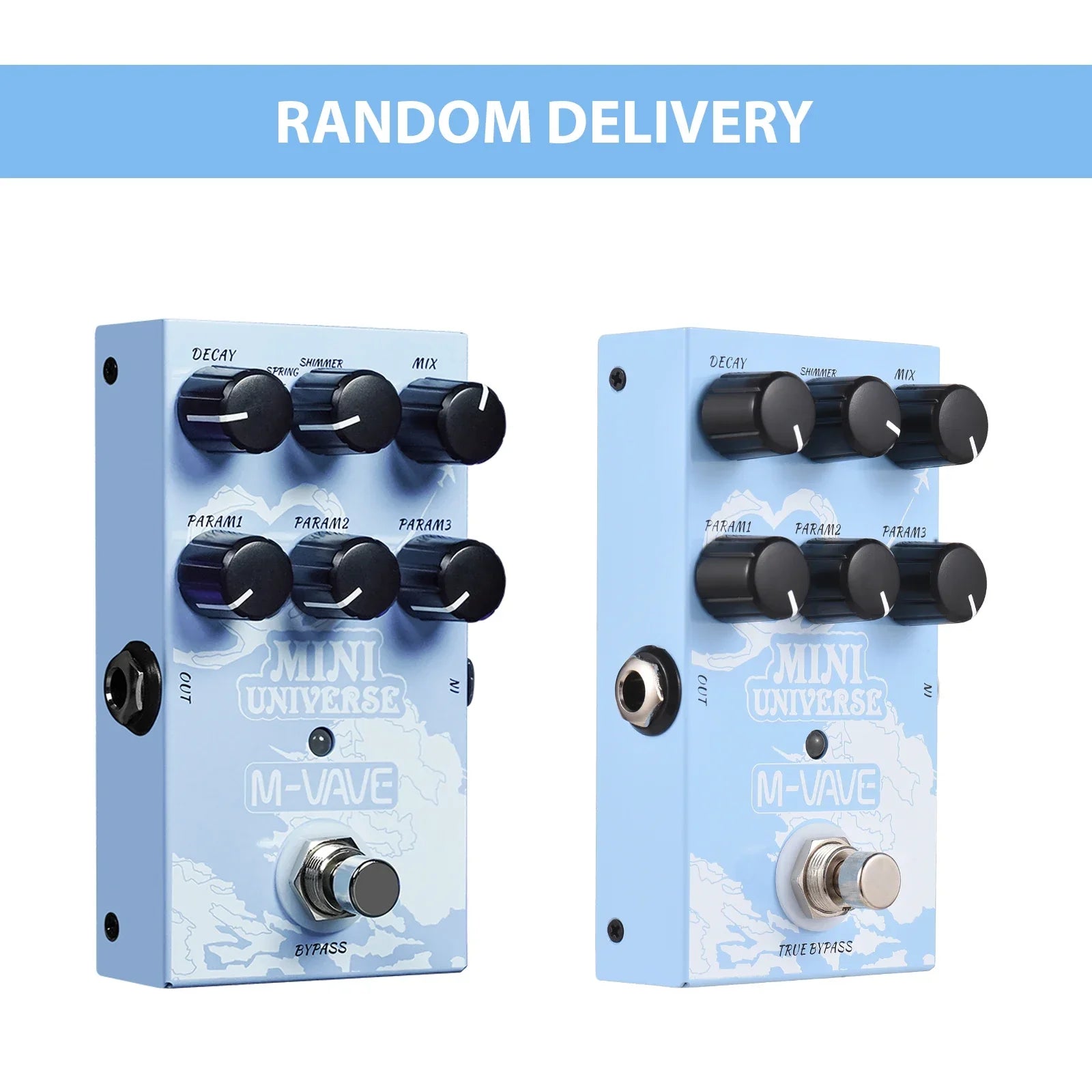 Light blue mini m-vave guitar effect pedal with black knobs and silver footswitches featuring 9-mode digital reverb selection