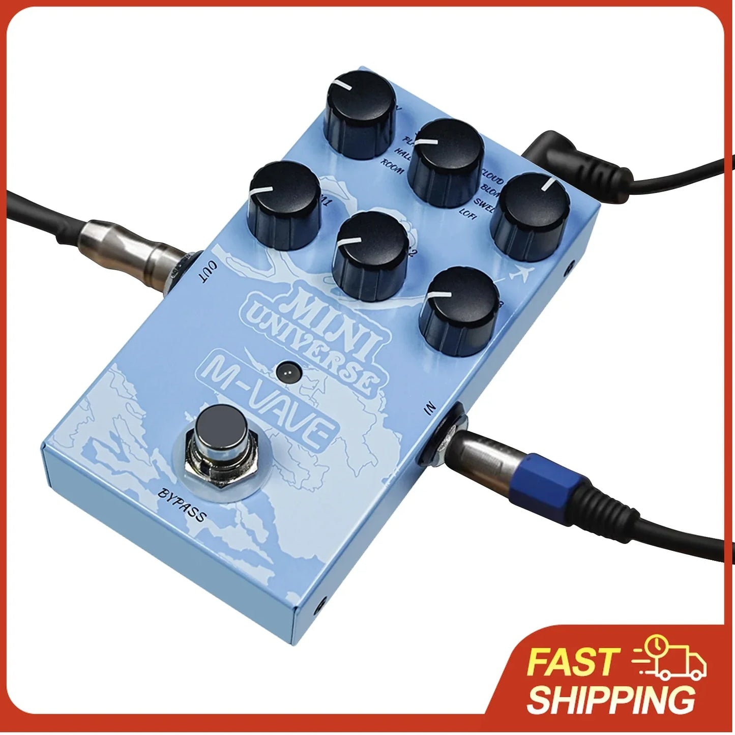 Light blue digital reverb guitar effect pedal with black knobs and world map design featuring 9-mode reverb selection