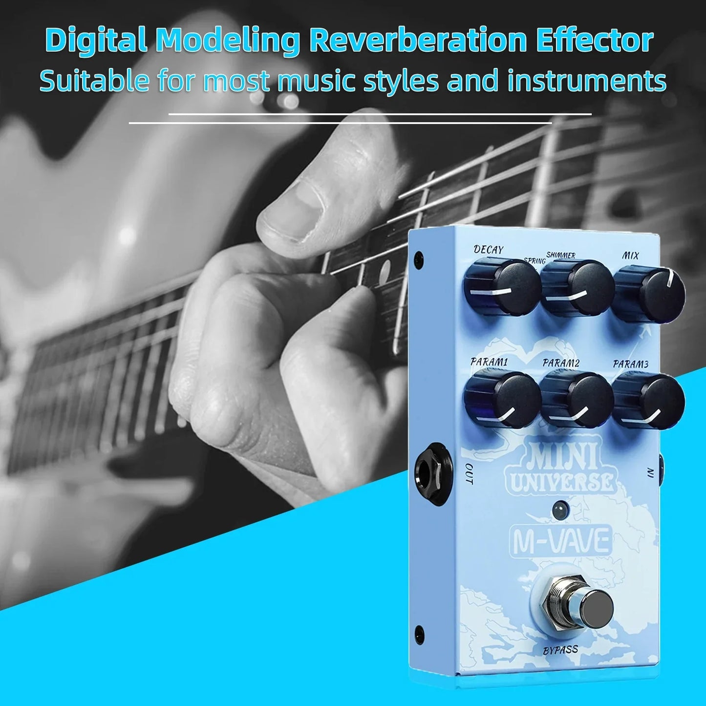 Light blue mini universe m-wave guitar effect pedal with black knobs and 9-mode digital reverb selection design