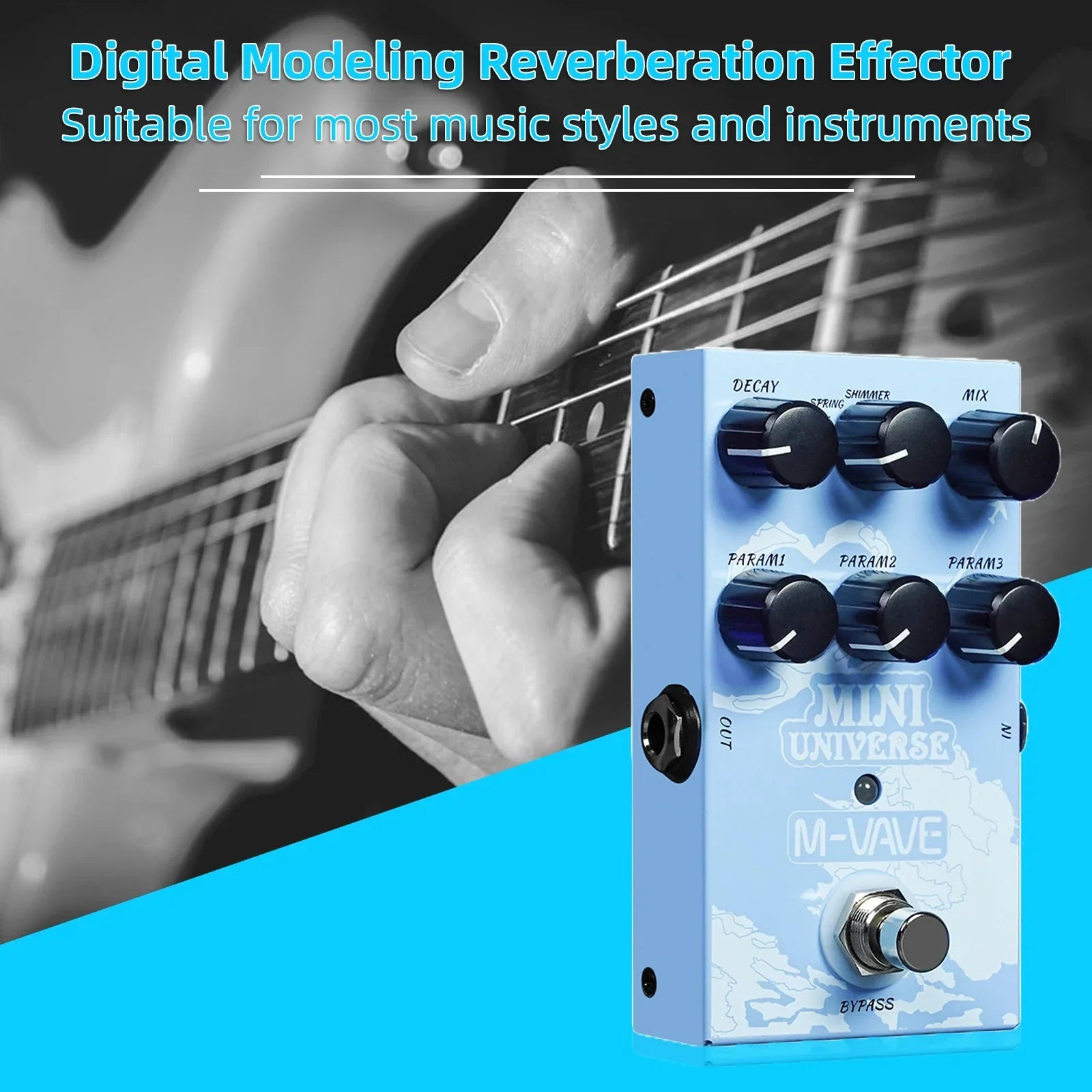 Light blue mini universe m-wave guitar effect pedal with black knobs and 9-mode digital reverb selection design