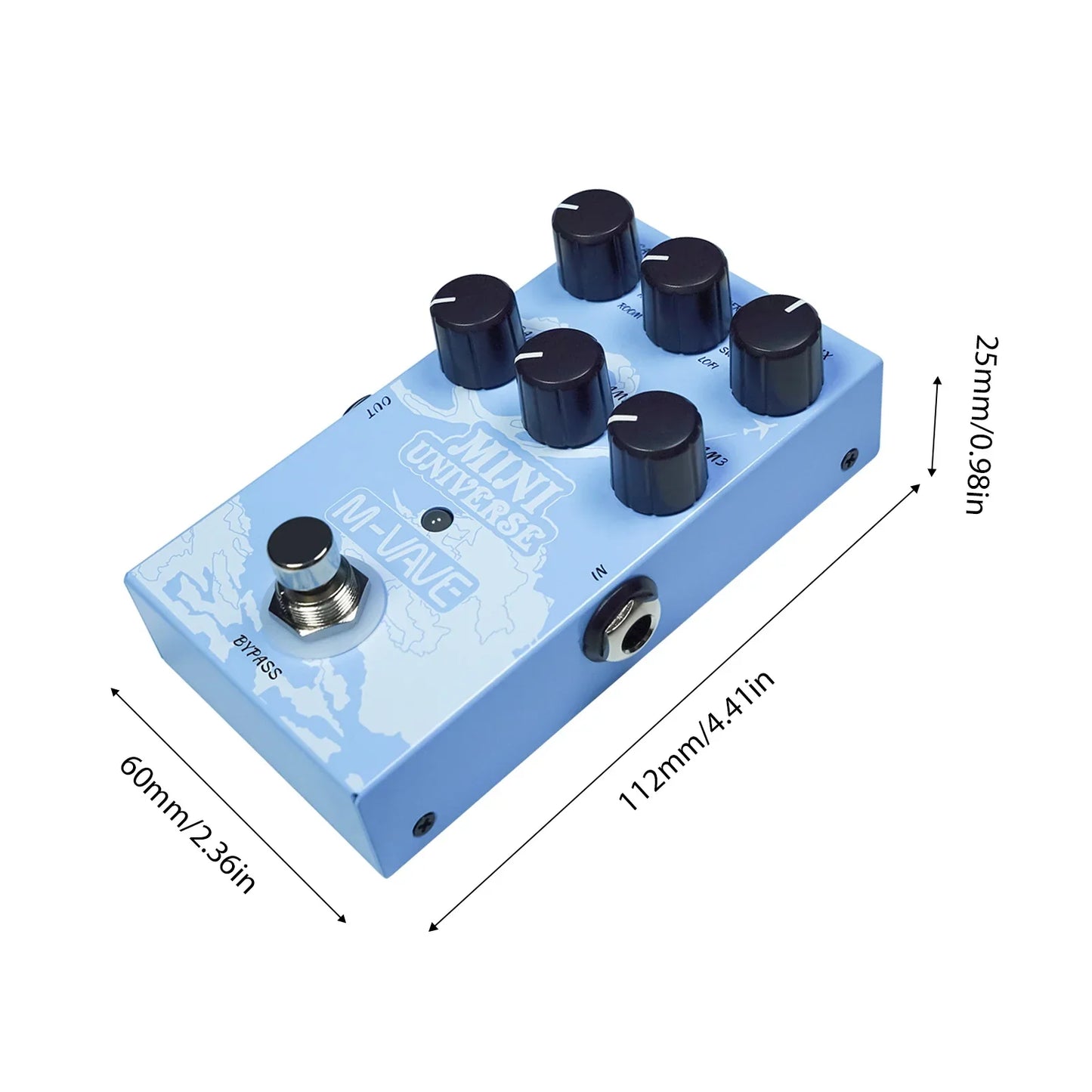 Light blue rectangular m-vave guitar effect pedal with six black knobs digital reverb and 9-mode reverb selection