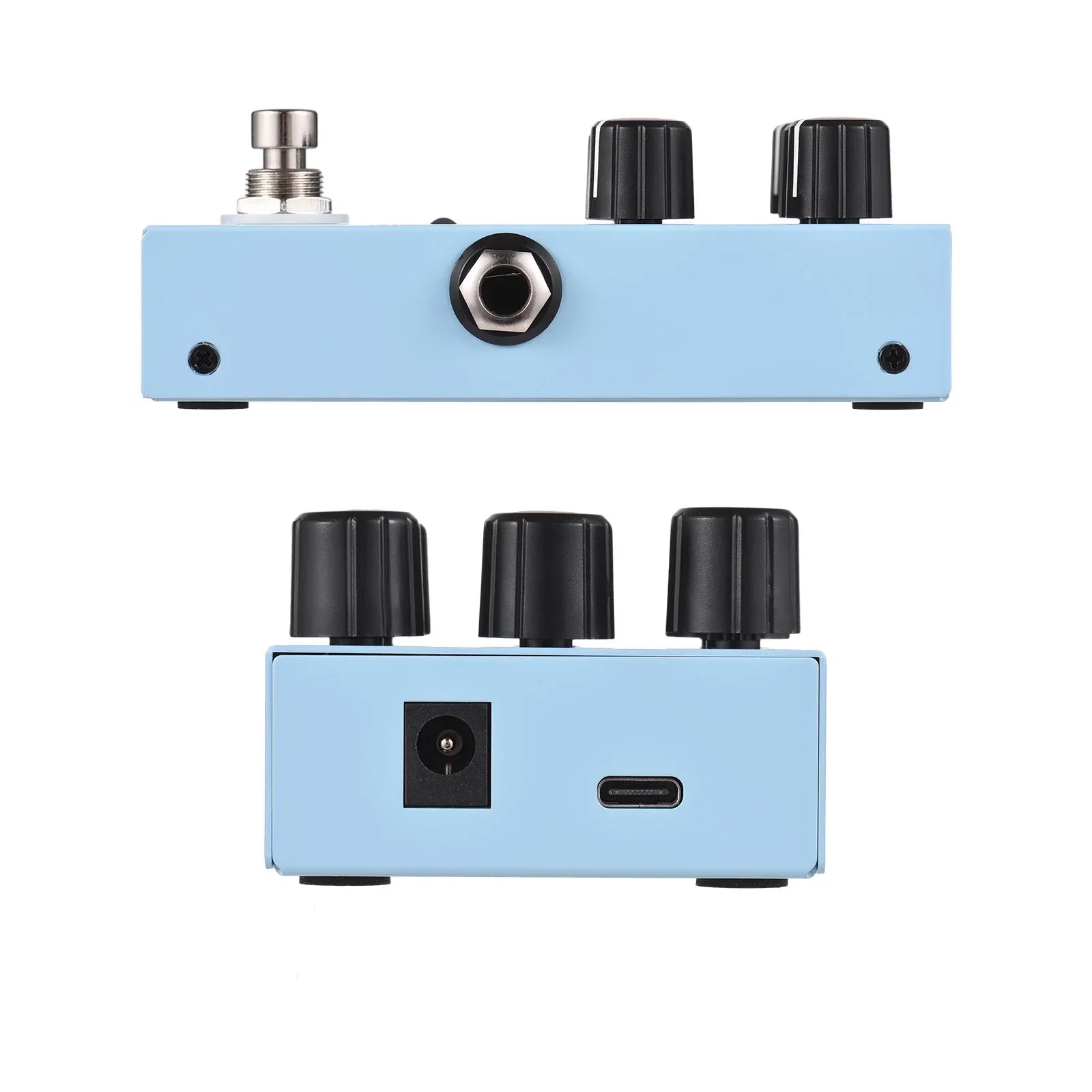 Light blue m-vave guitar effect pedal with three black knobs usb-c port and 9-mode digital reverb selection