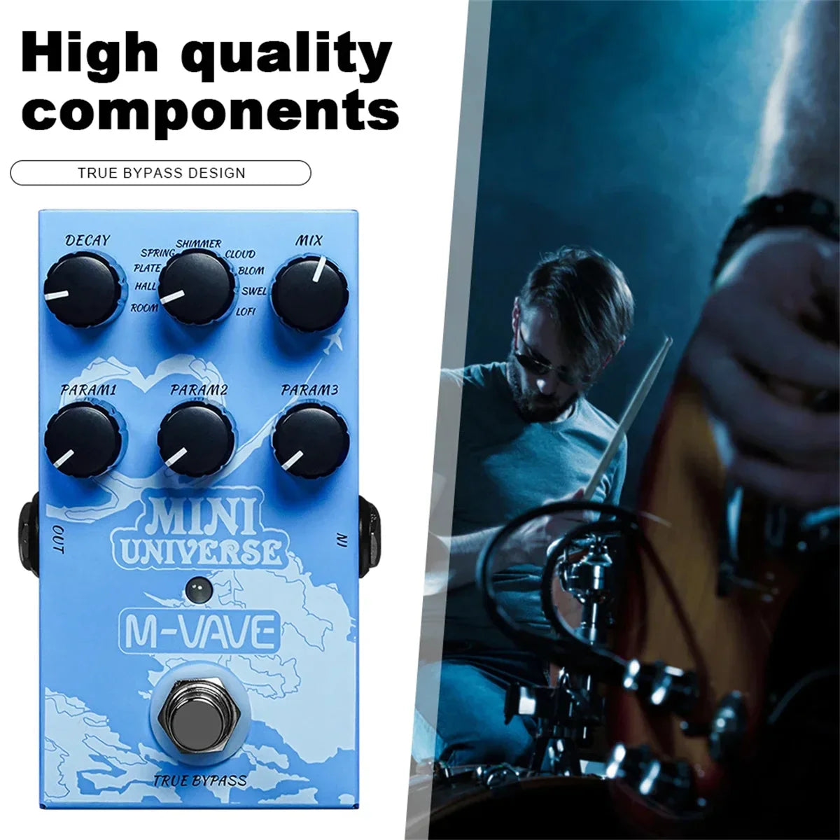 Blue mini universe digital reverb pedal with black knobs and world map design for effects room shimmer and lofi tones