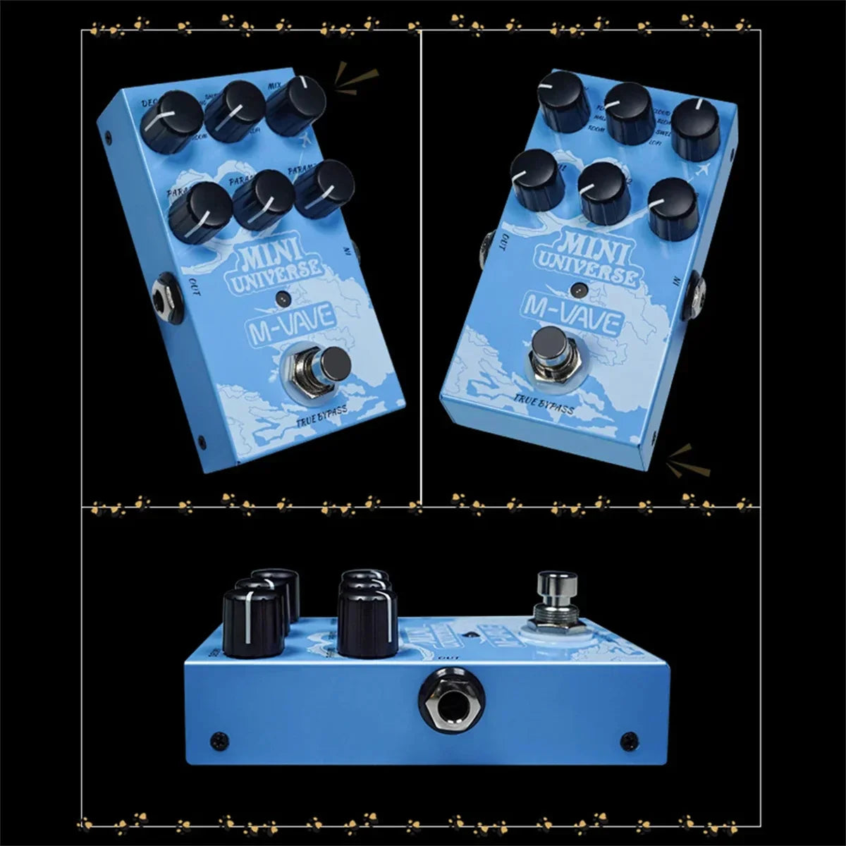 Light blue mini universe digital reverb pedal with black knobs and world map design for effects room shimmer