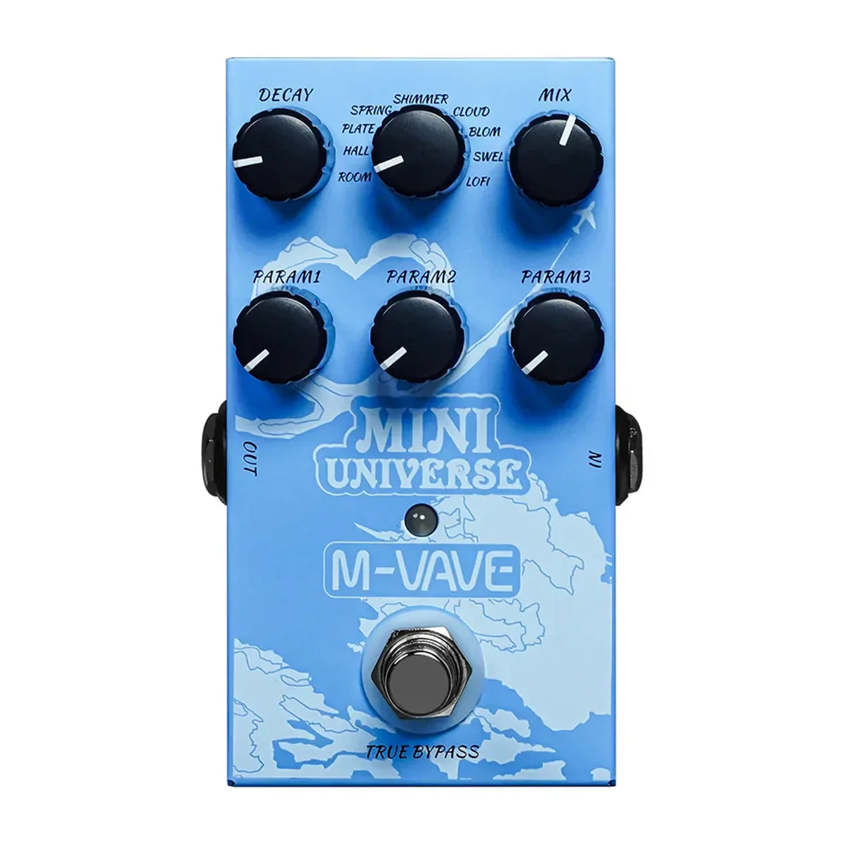 Light blue mini universe digital reverb pedal with black knobs and world map design featuring effects room shimmer