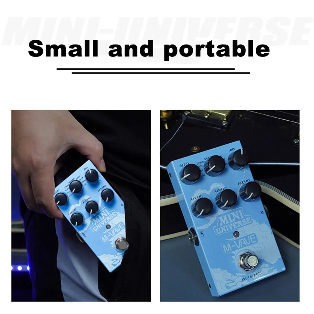 Light blue mini universe digital guitar effects pedal with black knobs and silver footswitch for effects room shimmer