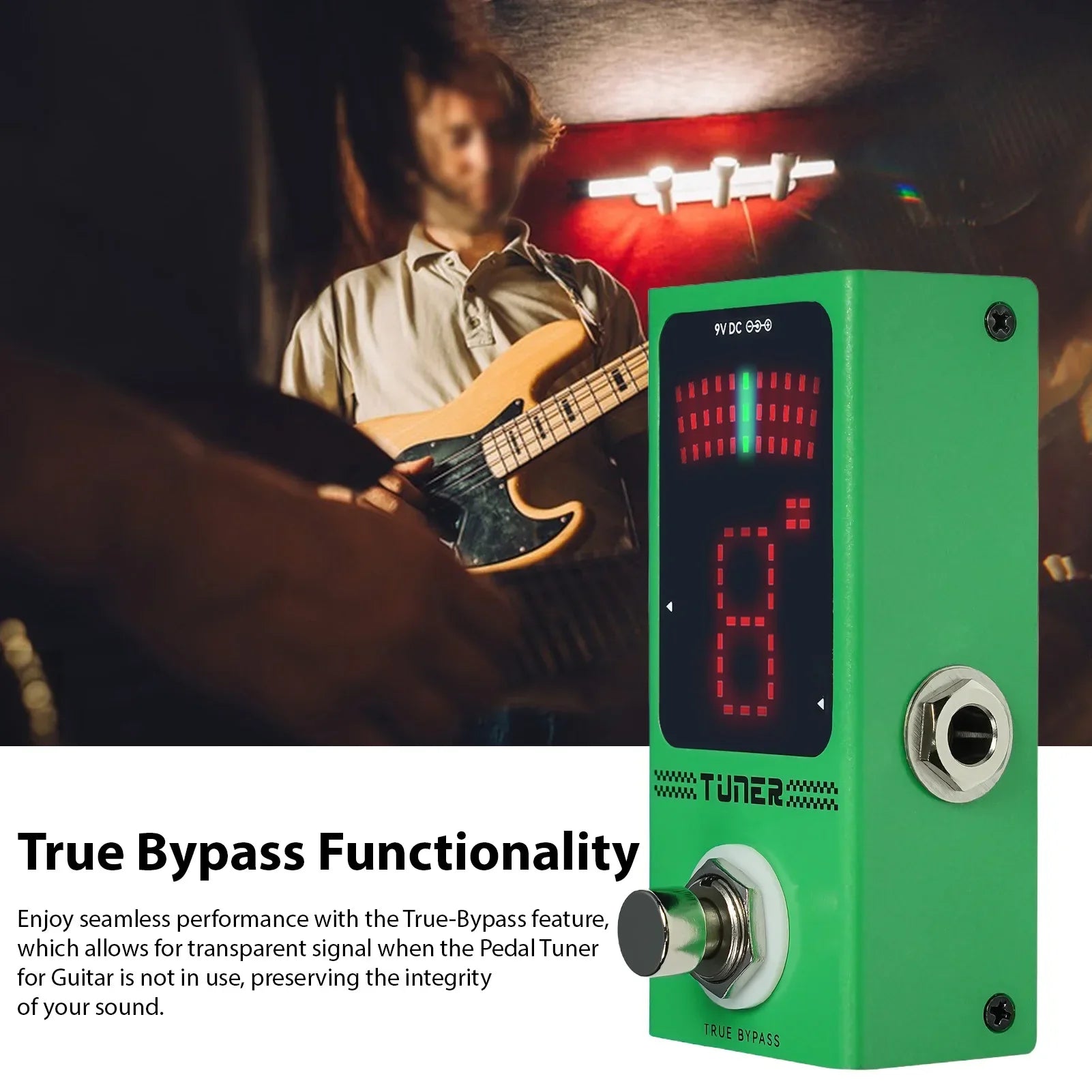 Green m-vave guitar effects pedal tuner with high precision tuning, red led hd display auto mute, and silver metal input jack