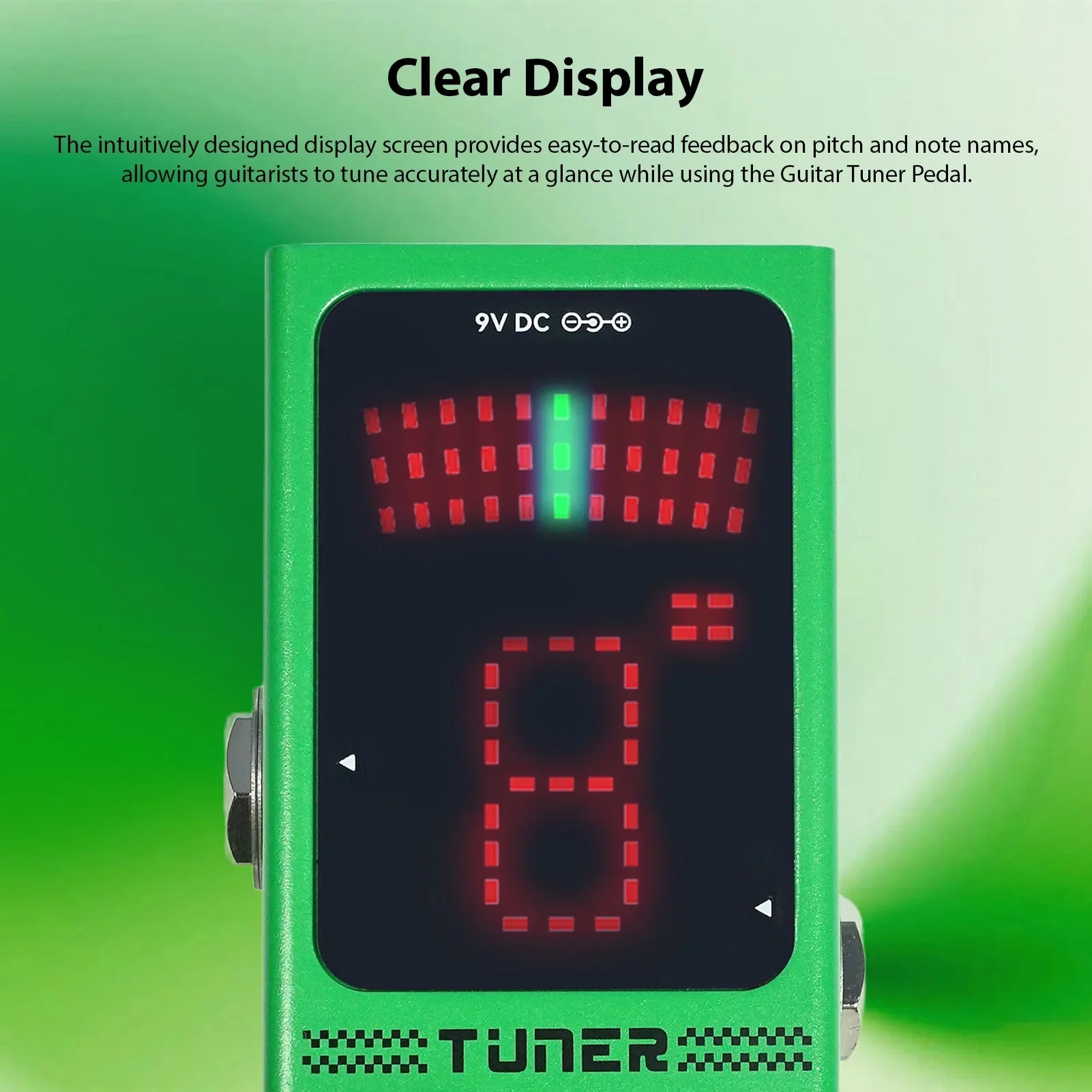 Green m-vave guitar effects pedal tuner with hd display auto mute and red green led pitch feedback indicators